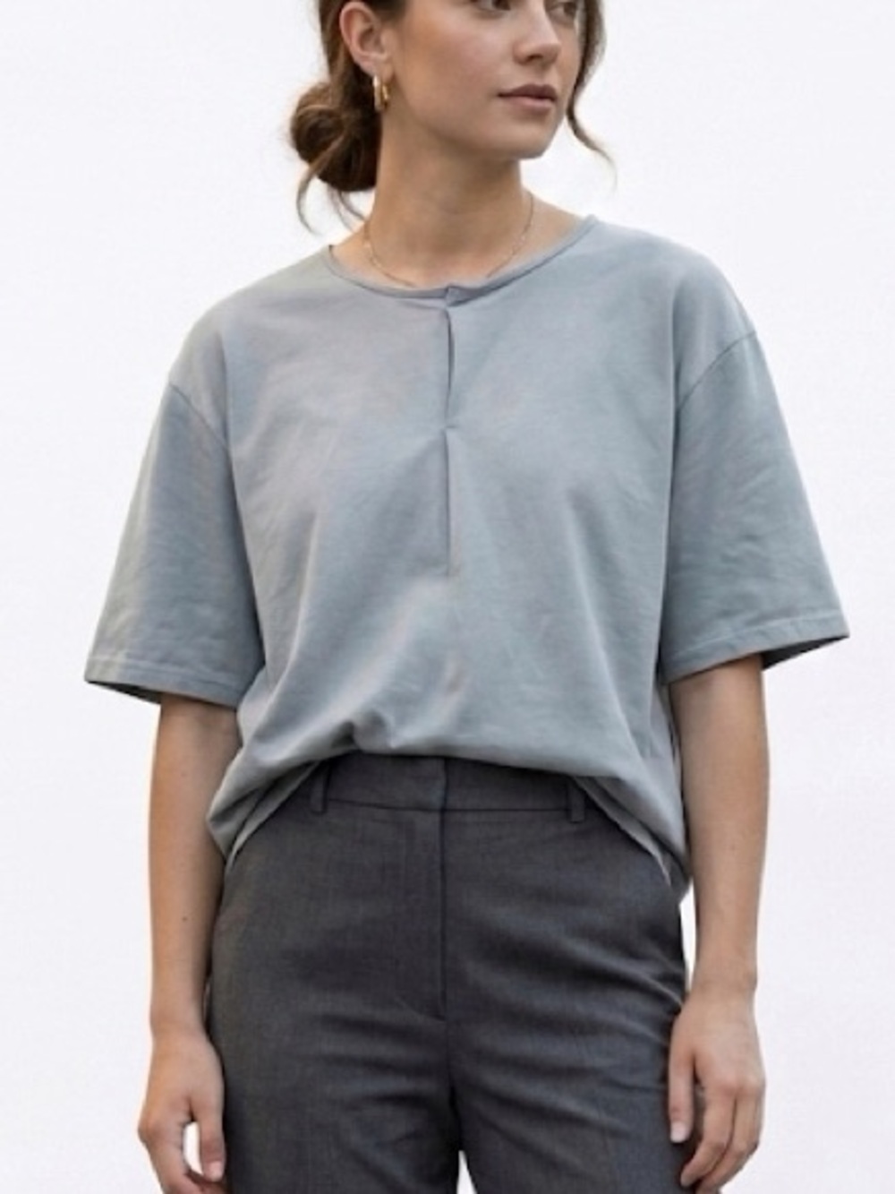 OAK + FORT Grey Pleat Front Drop Shoulder Tee Size Medium